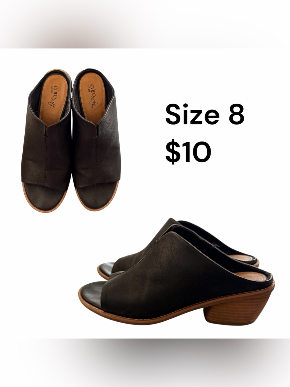 Black Open-Toe Leather Mule Heels - Size 8